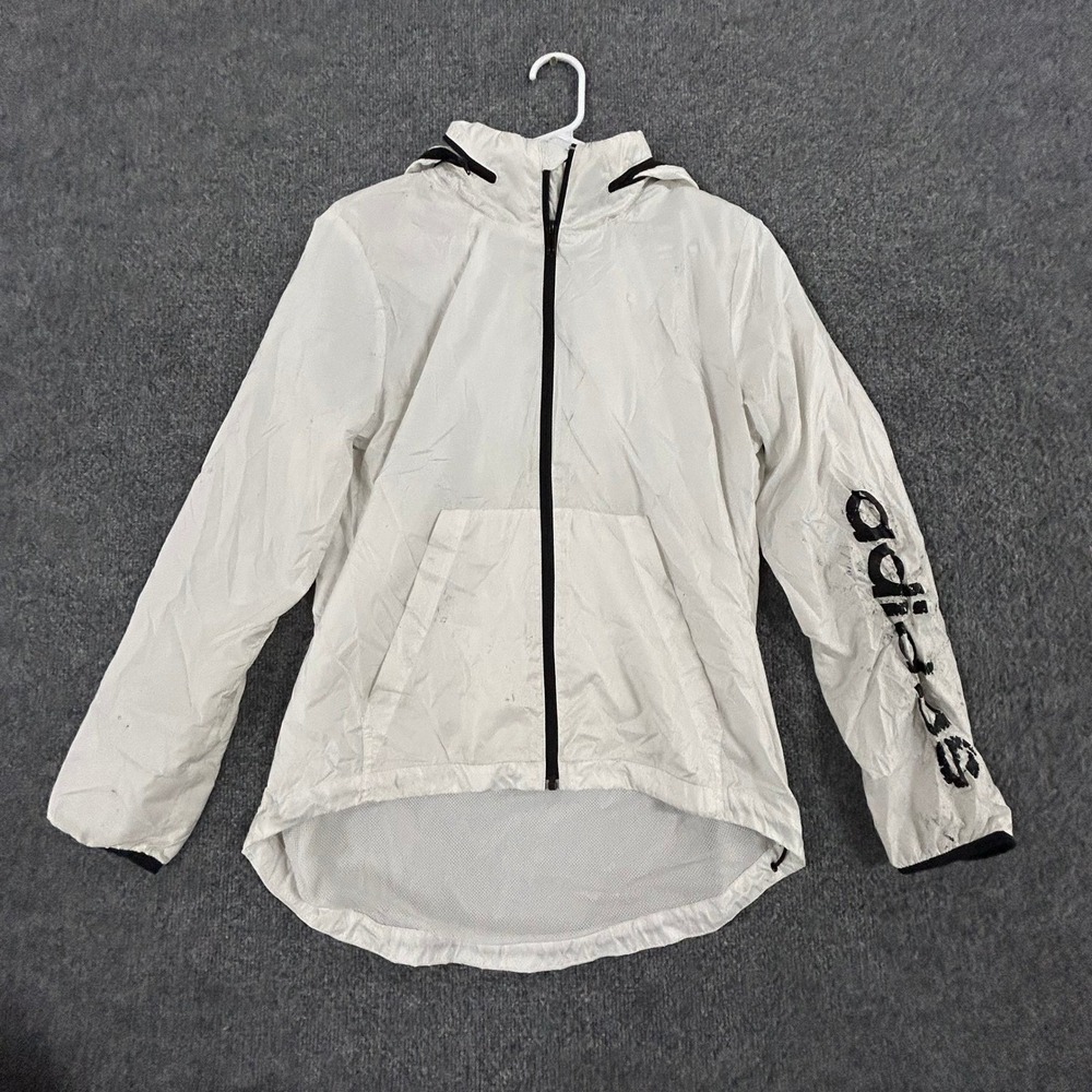 Adidas Windbreaker Jacket Womens Size M White Full Zip Hooded Mesh Lined Logo